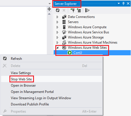 [Windows Azure Web サイト] タブが展開され、その下に Con U が選択されていることを示すサーバー エクスプローラーのスクリーンショット。[Web サイトの停止] オプションが強調表示されているダイアログ メニュー。