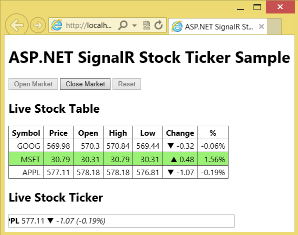 インターネット エクスプローラー ブラウザー ウィンドウに表示されている A S P ドット NET Signal R Stock Ticker サンプル画面のスクリーンショット。