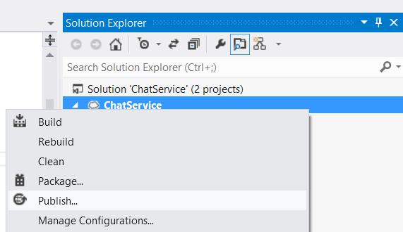 ソリューション エクスプローラー画面のチャット サービス プロジェクトのスクリーンショット。右クリック ドロップダウン メニューに [発行]が表示されています。オプション。