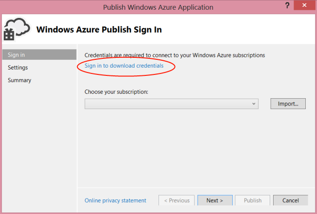 [Windows Azure アプリケーションの発行] 画面の [サインイン] タブのスクリーンショット。[サインインして資格情報をダウンロードする] リンクが強調表示されています。