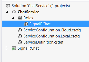 チャット サービス プロジェクトの [ロール] フォルダーに含まれている [Signal R Chat] オプションを示すソリューション エクスプローラー ツリーのスクリーンショット。