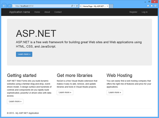 Web Forms テンプレート アプリのホーム ページを示すスクリーンショット。