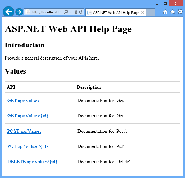 Web API のヘルプ ページ