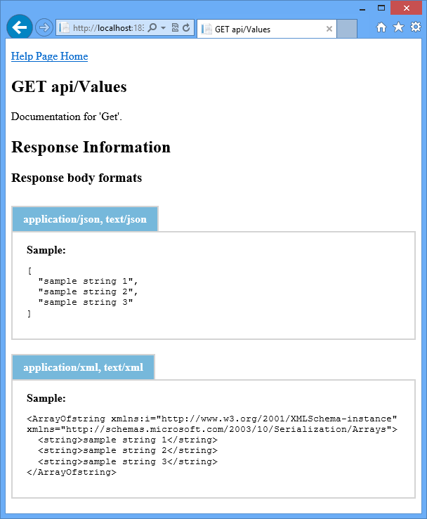 GET API の Web API ヘルプ ページ