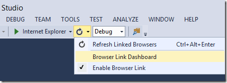 Visual Studio メニューのスクリーンショット。更新アイコンが強調表示され、ドロップダウン メニューで [ブラウザー リンク ダッシュボード] が強調表示されています。