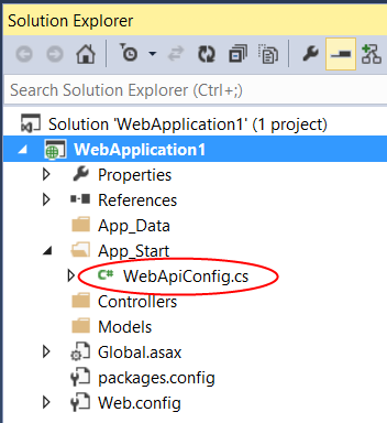 [アプリの開始] フォルダー内で、Web A P I Config ドット c が赤で囲まれた [ソリューション エクスプローラー] ダイアログのスクリーンショット。