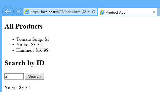 製品の一覧、価格、ID フィールドとボタンによる検索を含むサンプル プロジェクトを示すローカル ホスト ブラウザー ウィンドウのスクリーンショット。