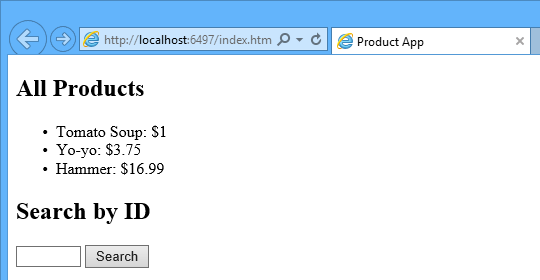 Web ブラウザーのスクリーンショット。すべての製品の箇条書きフォームとその価格が表示され、その下に [SEARCH BY I D] フィールドが表示されています。