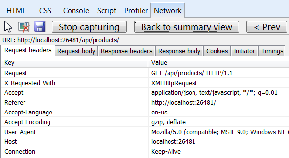 個々の API 要求応答の例を示す[HTTP 要求と応答メッセージ] ダイアログのスクリーンショット。