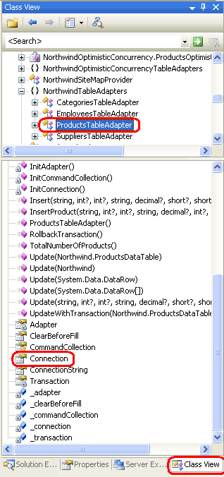 クラス ビューで Connection プロパティをダブルクリックして、自動生成されたコードを表示します