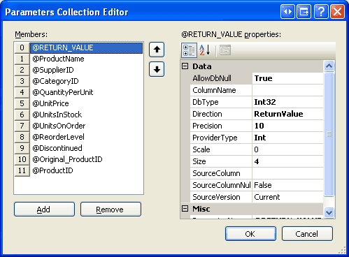 Parameters コレクションは、Products_Update ストアド プロシージャに渡される使用されるパラメーターをエディター Listsします