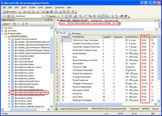 実行された GetProductsWithPriceGreaterThan ストアド プロシージャを示す Microsoft SQL Server Management Studio ウィンドウのスクリーンショット。UnitPrice が $24.95 を超える製品が表示されています。