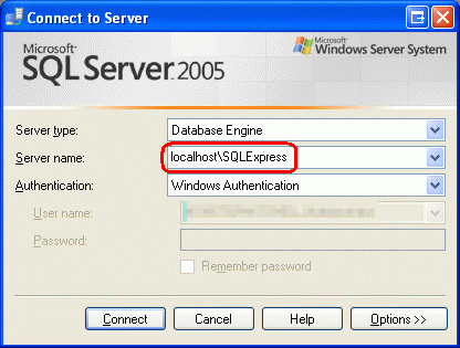 localhost\SQLExpress Server にアタッチする