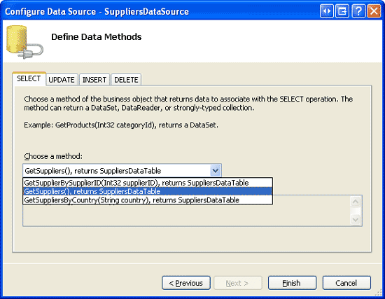 SuppliersBLL クラスの GetSuppliers() メソッドを使用するようにデータ ソースを構成する