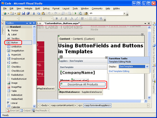 FormView の ItemTemplate に [すべての製品の中止] ボタン Web コントロールを追加する