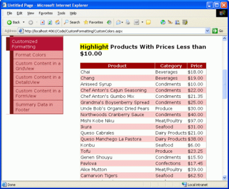GridView Lists各製品の名前、カテゴリ、および価格