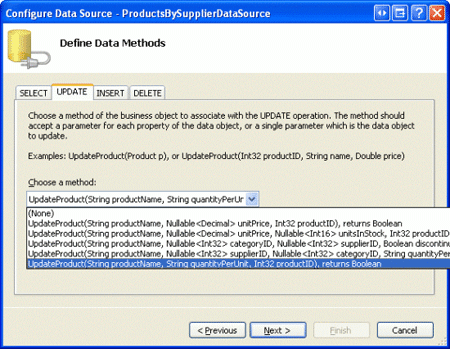 作成したばかりの UpdateProduct オーバーロードを使用するように ObjectDataSource を構成する
