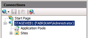 IIS マネージャーの [接続] ウィンドウで、サーバー ノード (たとえば、STAGEWEB1) をクリックします。