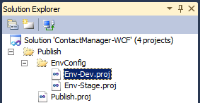 [ソリューション エクスプローラー] ウィンドウで、[発行] フォルダーを展開し、[EnvConfig] フォルダーを展開して、[Env-Dev.proj] をダブルクリックします。