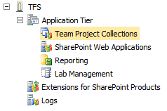 ナビゲーション ツリー ビューのスクリーンショット。[Team Project Collections]\(チーム プロジェクト コレクション\) をクリックします。