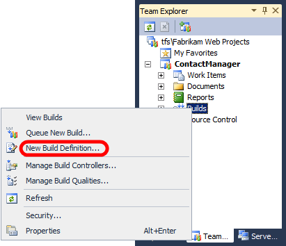 Visual Studio 2010 の [チーム エクスプローラー] ウィンドウで、チーム プロジェクト ノードを展開し、[ビルド] を右クリックし、[新しいビルド定義] をクリックします。