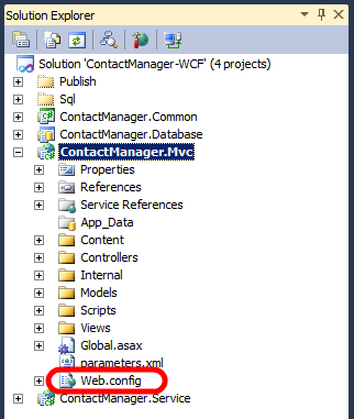 ContactManager.Mvc プロジェクトには、2 つのweb.config ファイルが含まれています。プロジェクト レベルのファイルを編集する必要があります。
