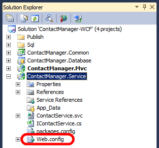 ソリューション エクスプローラー ウィンドウで ContactManager.Service プロジェクトを展開し、Web.config ノードをダブルクリックします。