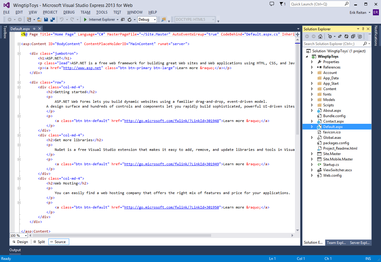 Default.aspx ページが表示されている Microsoft Visual Studio Express 2013 for Web ウィンドウのスクリーンショット。