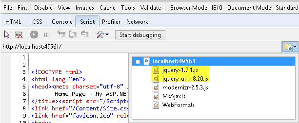 ローカル IIS サーバーから jQuery JavaScript ファイルを直接読み込むローカル IIS サーバー
