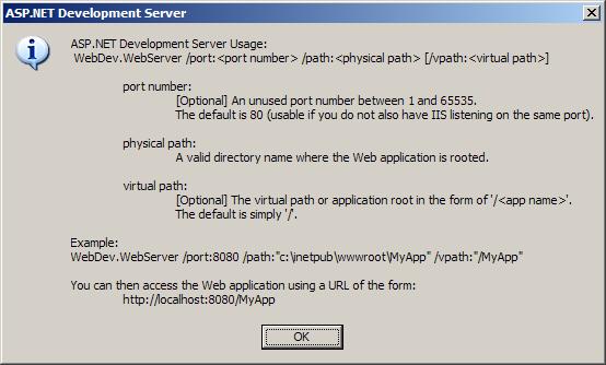 コマンド ラインから A S P ドット ネット開発サーバーを起動するためのパラメーターが表示されている Visual Studio ダイアログ ボックスのスクリーンショット。