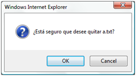 Windows インターネット エクスプローラー ダイアログを示すスクリーンショット。スペイン語のプロンプトが表示され、[OK] をクリックします。