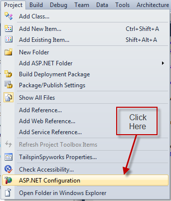 [A S P dot NET Configuration]\(S P ドット NET 構成\) を選択する場所を示すスクリーンショット。