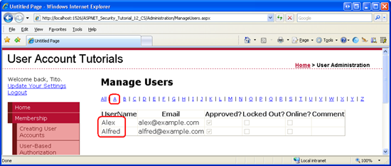 Filtering LinkButtons を使用して、ユーザー名が特定の文字で始まるユーザーを表示する