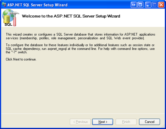 ASP.NET SQL Server セットアップ ウィザードを使用してメンバーシップ スキーマを追加する
