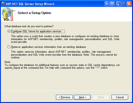 [アプリケーション サービスのSQL Serverの構成] オプションを選択します