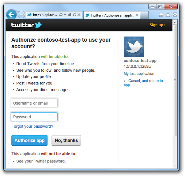 Twitter ログイン ページにリダイレクトする Web ページを示すスクリーンショット。