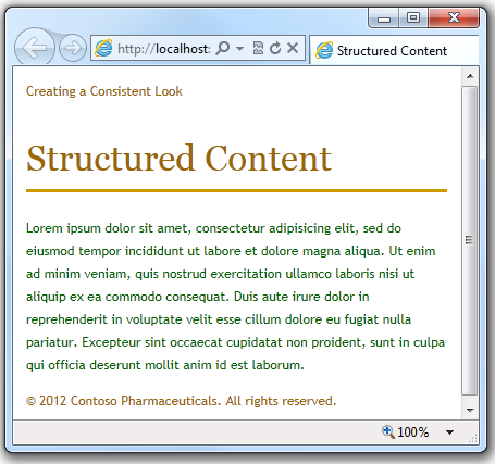 [スクリーンショットは、ブラウザーで Content 1 dot CSHTML を実行している状態を示しています。]