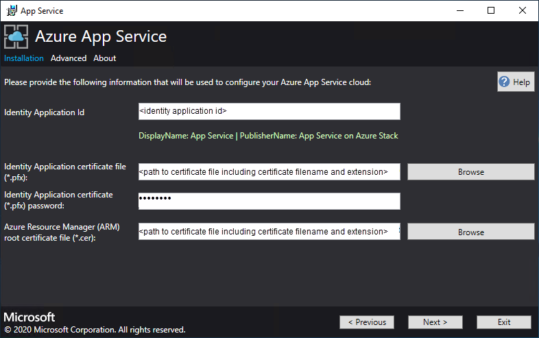 App Service インストーラーで、Microsoft Entra/ADFS ID アプリケーションと Azure Stack Resource Manager 証明書の詳細を指定する画面を示すスクリーンショット