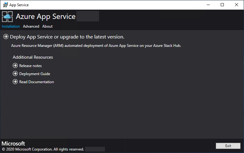 Azure Stack Hub インストーラーのAzure App Serviceを示すスクリーンショット。