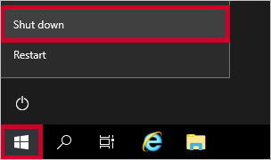 Screenshot that shows the Windows button and 'Shut down' selected.