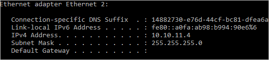 ipconfig の部分的なリストに Ethernet アダプター Ethernet 2 の IPv4 アドレス 10.10.11.4 が示されている。