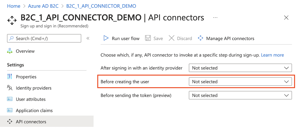 Selecting an API connector for a step in the user flow
