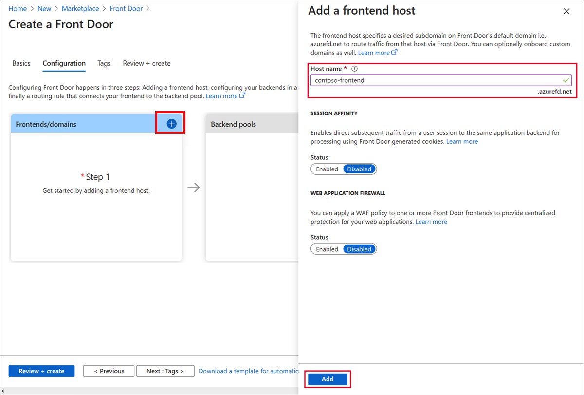 Screenshot demonstrates how to add a frontend host.
