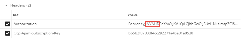 Screenshot of the Headers section of Postman UI showing the string INVALID added to token.
