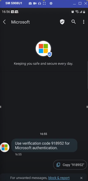 RCS メッセージ内の Microsoft ブランドのスクリーンショット。
