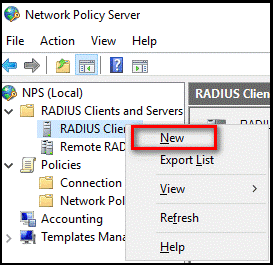NPS コンソールで新しい RADIUS クライアントを作成する
