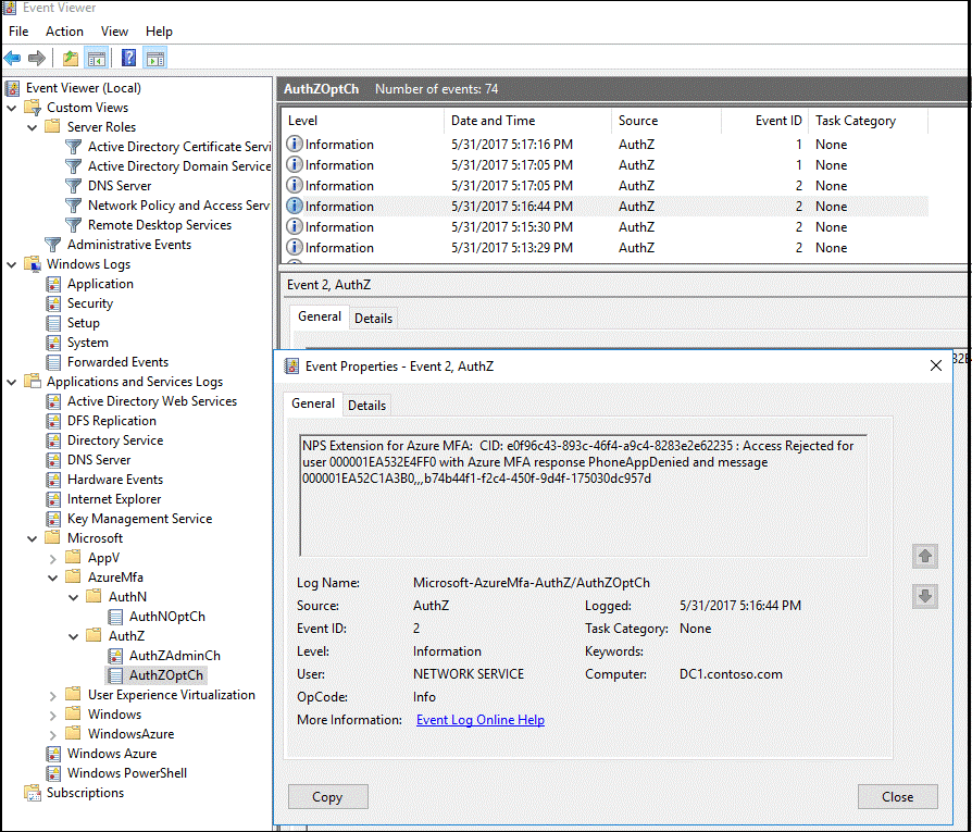 イベント ビューアーのサンプル Microsoft Entra 多要素認証ログ