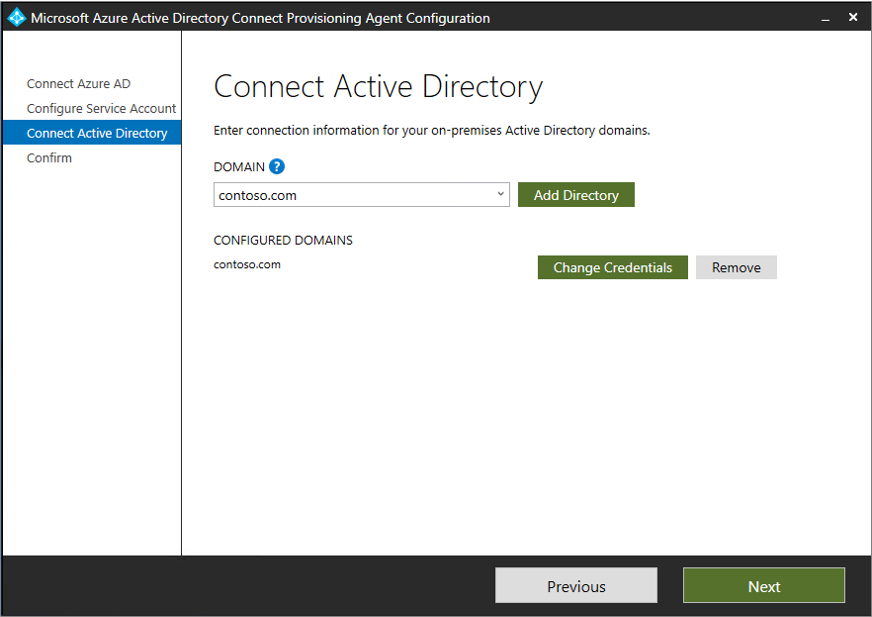 Screenshot that shows the Connect Active Directory screen with a directory value entered.