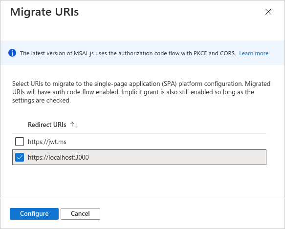 Select redirect URI pane in SPA pane in Azure portal