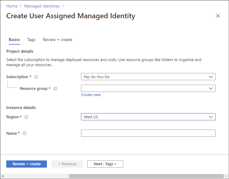 Screenshot that shows the Create User Assigned Managed Identity pane.